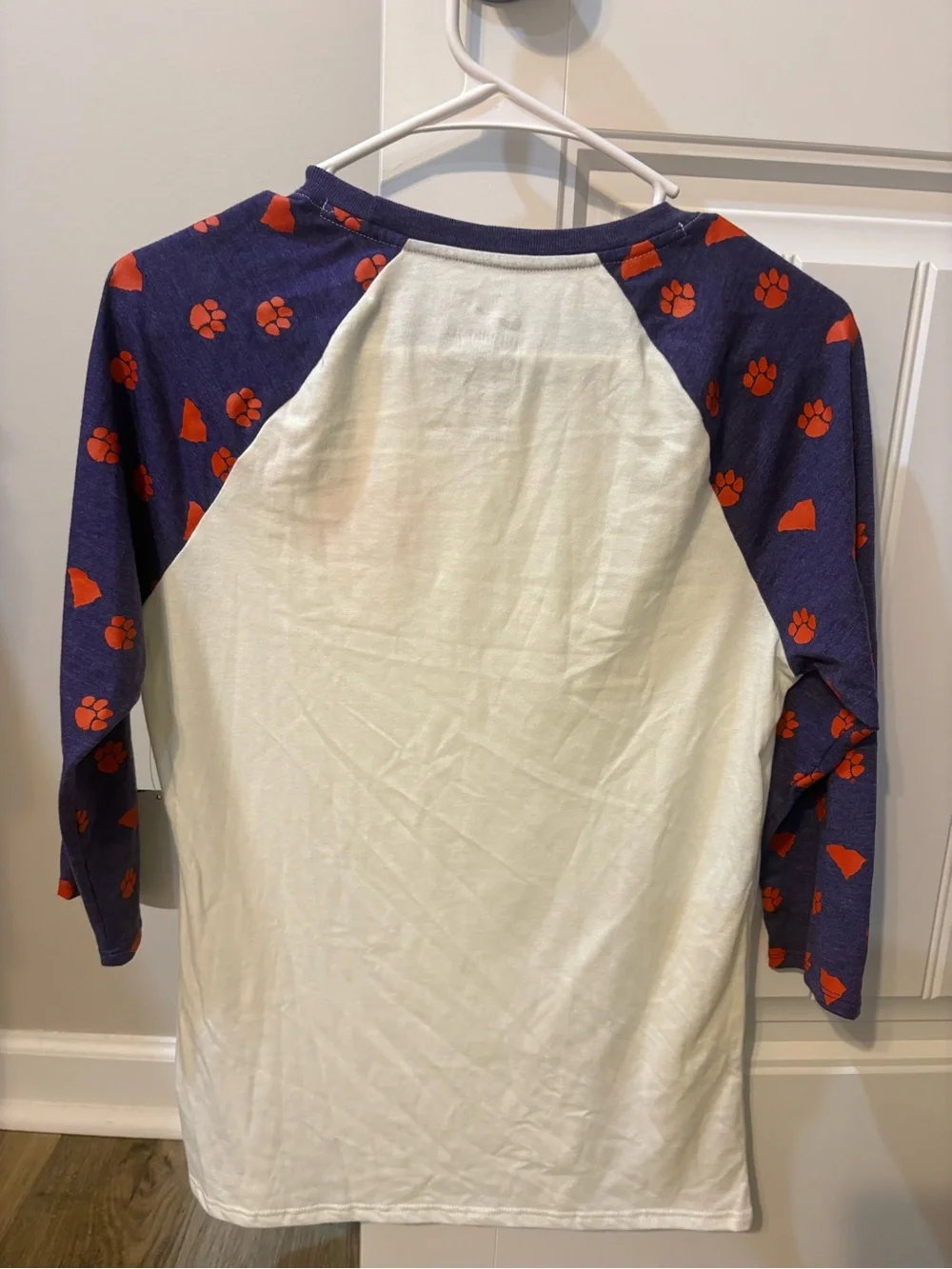Clemson Nike Women's White Tee with Purple Raglan Sleeves and Orange Paw Prints